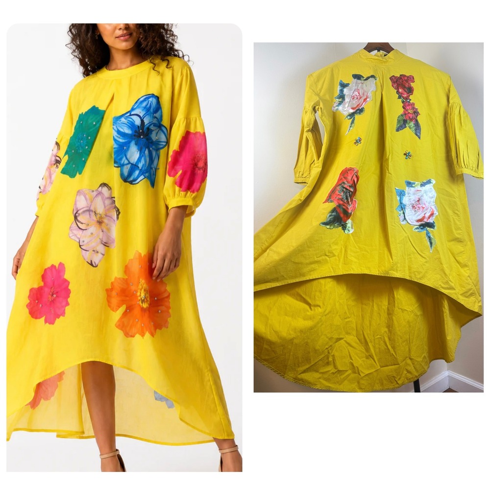 By Nancy Women Oversized Hi-Low Yellow Dress Retro Patchwork Floral Large Boho